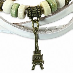 Bracelet multi-rangs en Bali avec perle en bois et tour Eiffel à breloques en cuir blanc
