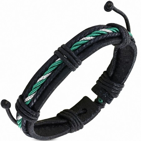 Bracelet ajustable en cuir noir avec cordon fantaisie - FWB073