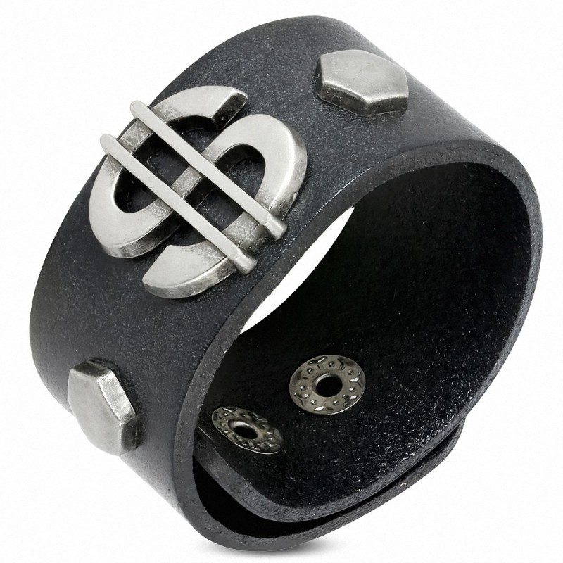 Bracelet en cuir véritable avec le symbole du dollar en argent noir et bouton pression