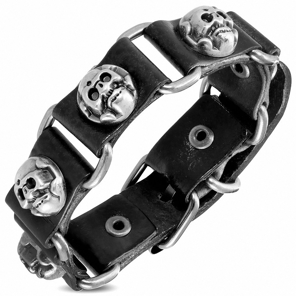 Bracelet motard en cuir noir véritable avec zombie