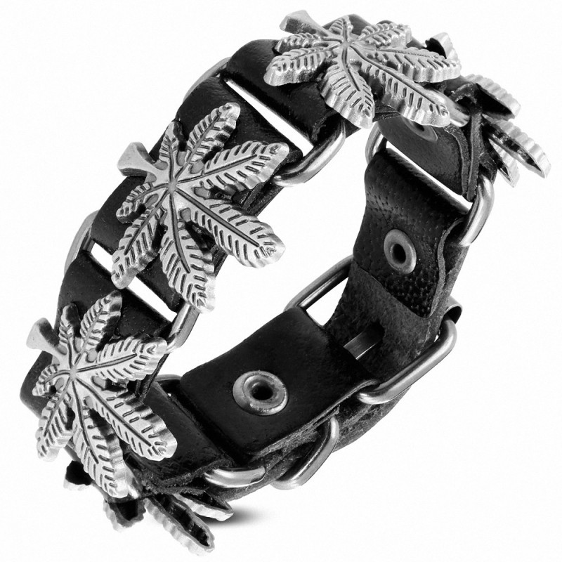 Bracelet motard en cuir noir véritable érable / marijuana feuille de ganja à boucle de ceinture