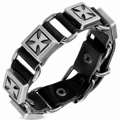 Bracelet cuir motard pattee croix carrée en cuir noir carré avec boucle de ceinture