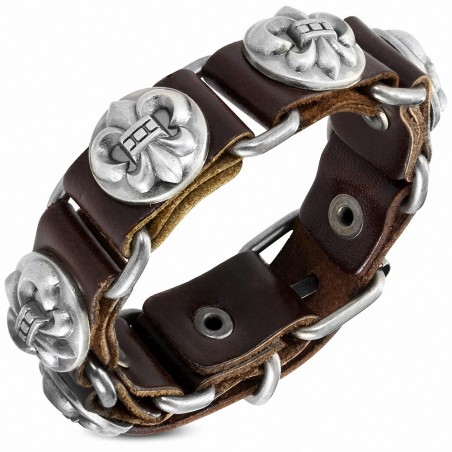 Véritable cuir marron Fleur De Lis fleur cercle clous boucle de ceinture Biker