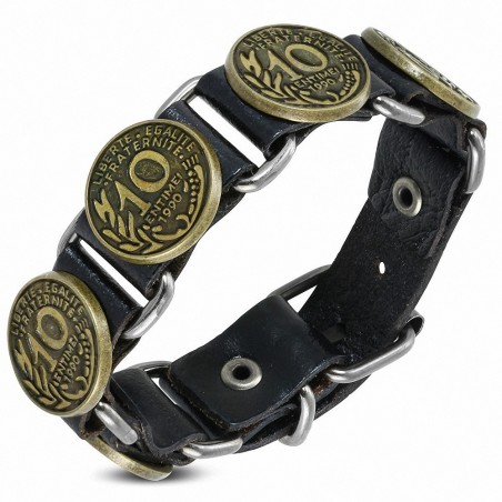 Véritable cuir noir Vintage 10 Cent Coin clous boucle de ceinture Biker Bracelet