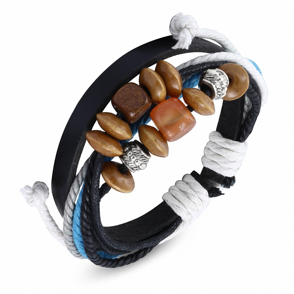 Bracelet ajustable en cuir noir avec cordes multicolores à la mode Karma perles