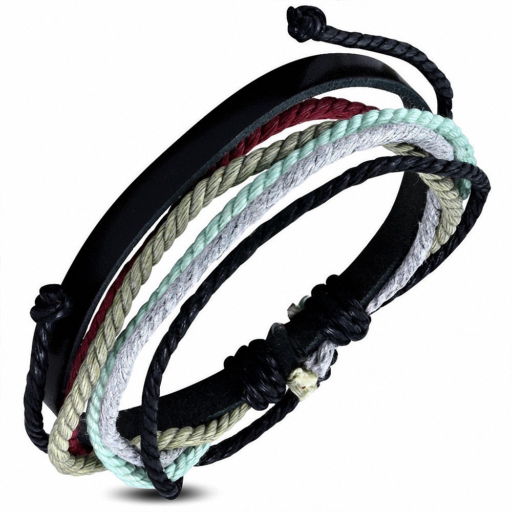 Bracelet ajustable en cuir noir avec corde multicolore à la mode - FWB131