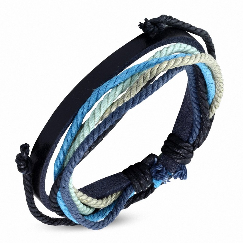 Bracelet ajustable en cuir noir avec cordon multicolore à la mode - FWB136