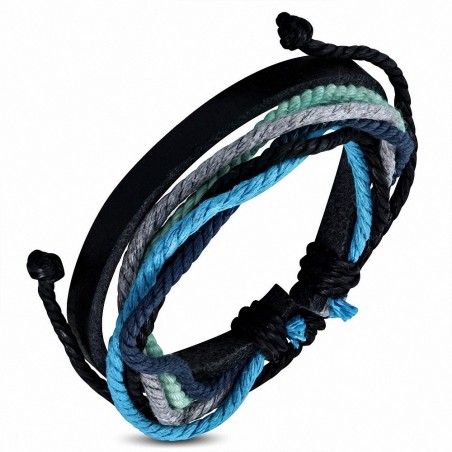 Bracelet ajustable en cuir noir avec corde multicolore à la mode - FWB140