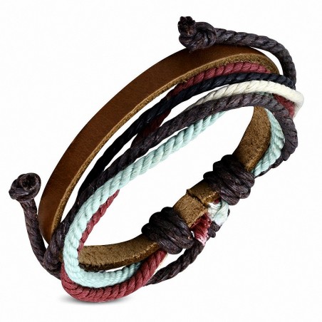 Bracelet ajustable en cuir marron avec cordon multicolore à la mode - FWB146