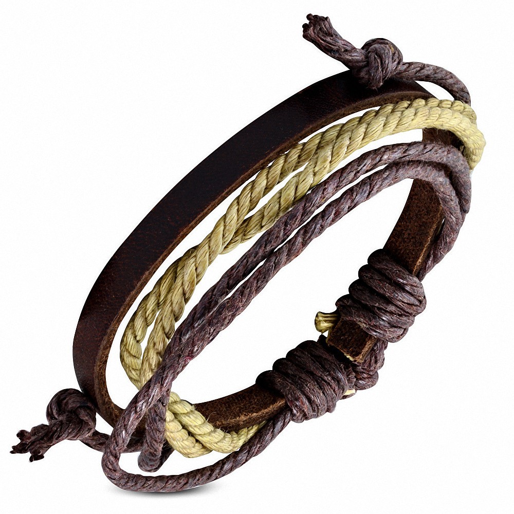 Bracelet ajustable en cuir marron avec cordon multicolore à la mode - FWB147