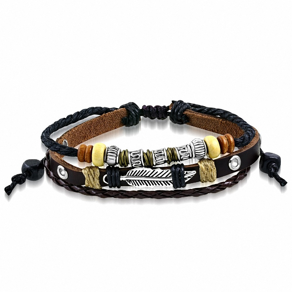 Bracelet en cuir marron réglable en forme de boucle triple envelopper avec galon tressé Bali