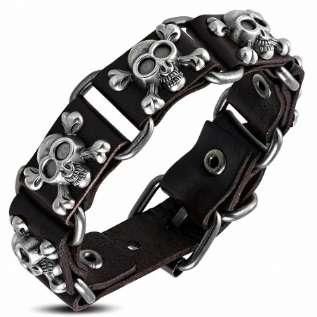 Véritable cuir brun foncé pirate tête de mort os de taureau boucle de ceinture Biker Bracelet