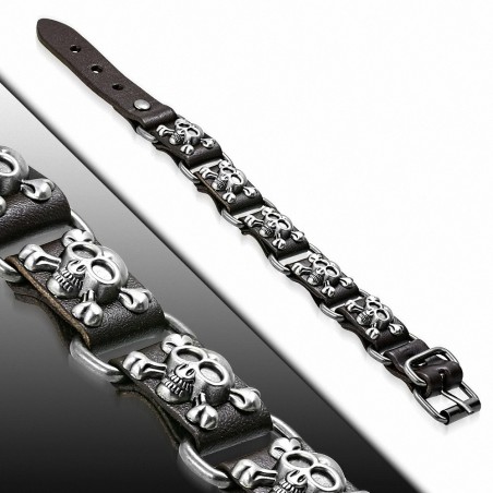 Véritable cuir brun foncé pirate tête de mort os de taureau boucle de ceinture Biker Bracelet