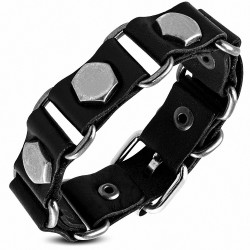 Bracelet motard en cuir noir avec boucle hexagonale et boucle de ceinture