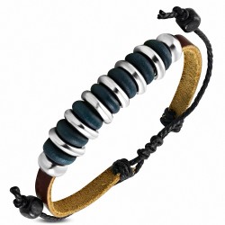 Bracelet ajustable en cuir marron avec perle en bois et cordon de corde