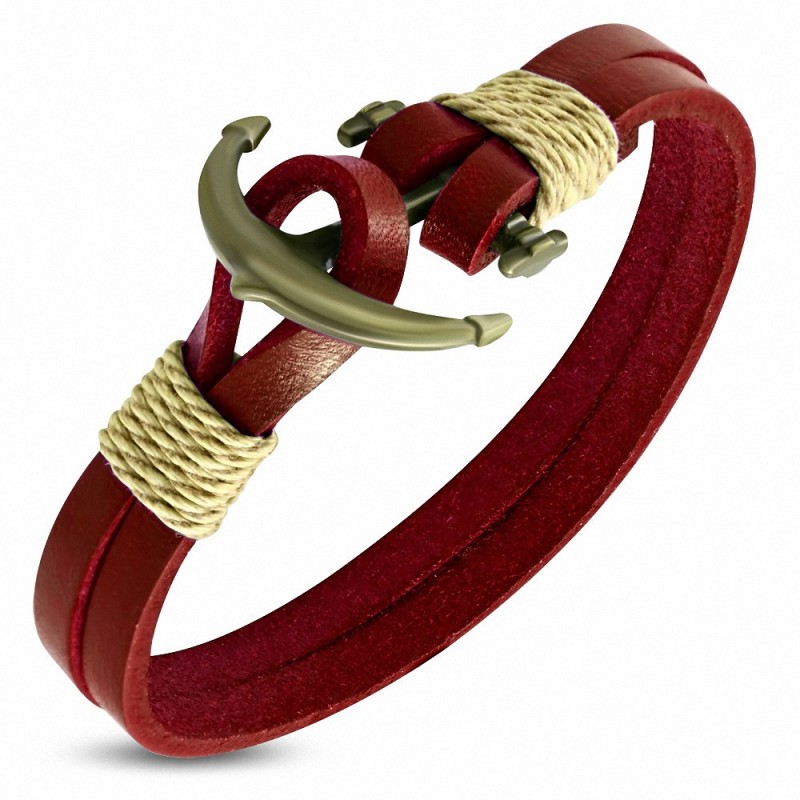 Bracelet à bascule en alliage marin à la mode en cuir rouge marin avec ancre