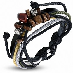 Bracelet réglable en cuir noir de Karma perles avec cordon multicolore à la mode - FWB194