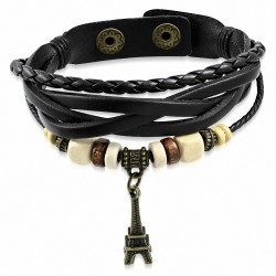 Bracelet à pression en cuir noir tressé à la mode avec perle en bois de Bali avec perle en tour Eiffel - FBK984