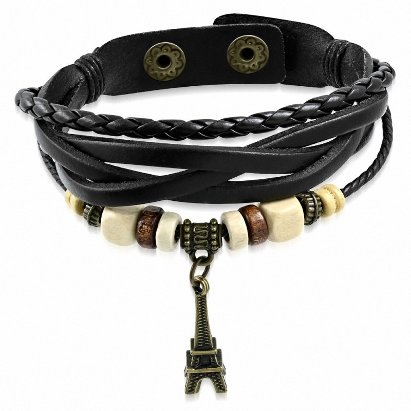 Bracelet à pression en cuir noir tressé à la mode avec perle en bois de Bali avec perle en tour Eiffel - FBK984