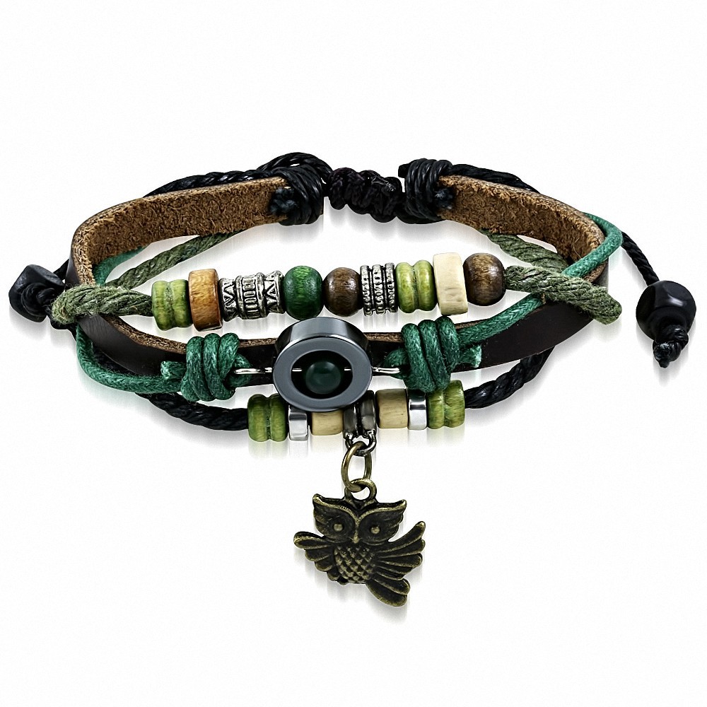 Bracelet multicolore en cuir marron avec breloque perle de hibou en bois multicolore à la mode - FWB230