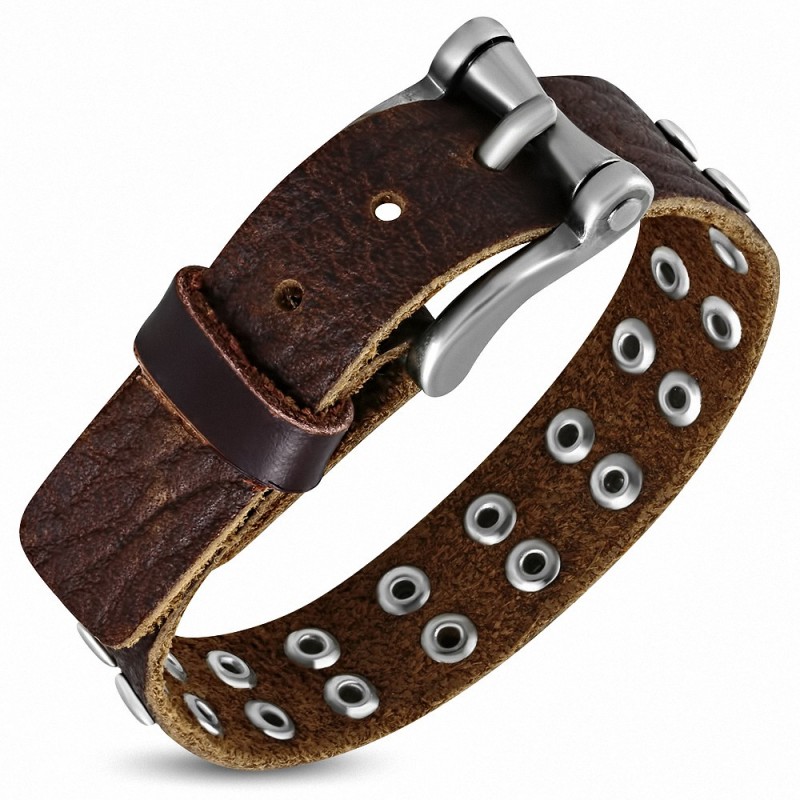 Bracelet en cuir marron avec boucle ronde et boucle de ceinture