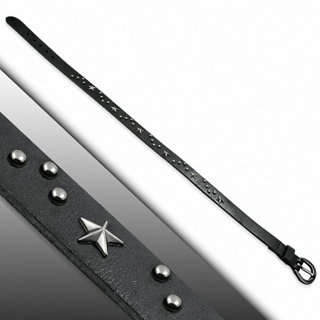 Bracelet en cuir noir avec double boucle de boucle d'étoile en cuir noir