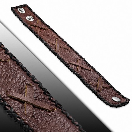 Bracelet cuir véritable en cuir marron entrecroisé avec cordon et armure en corde noire