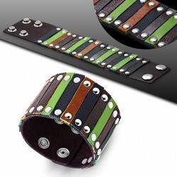 Bracelet en cuir véritable multicolore strié avec boutons-pression cloutés