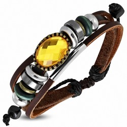 Bracelet en cuir marron réglable en forme de perle avec triple cordon de forme ovale et topaze CZ