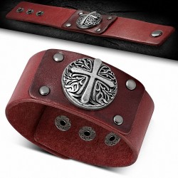 Bracelet en cuir véritable vachette spirale en cuir rouge avec croix ronde et boutons