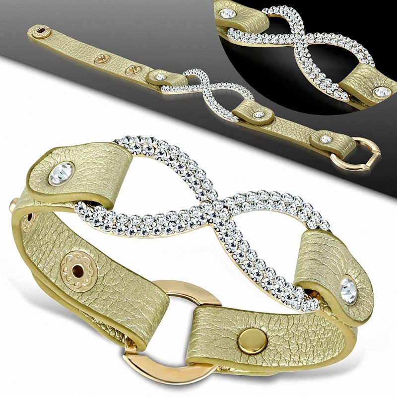 Bracelet à pression avec agrafe en forme de symbole de l'infini en cuir jaune doré à la mode