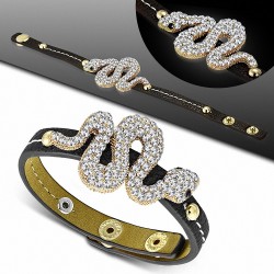 Bracelet à pression en cuir PU à la mode en forme de serpent à spirale en cuir noir avec Clear & Jet Black CZ