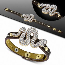 Bracelet pression de style serpent en spirale en cuir PU cuir brun avec Clear & Jet Black CZ