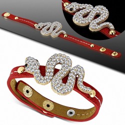 Bracelet pression de style de montre en forme de serpent en spirale en cuir PU rouge avec Clear & Jet Black CZ