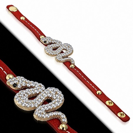 Bracelet pression de style de montre en forme de serpent en spirale en cuir PU rouge avec Clear & Jet Black CZ