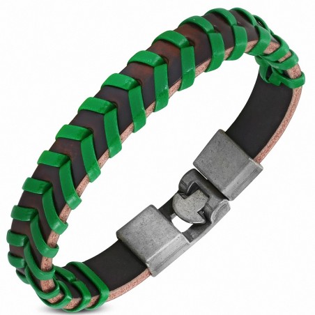 Bracelet à bascule à armure en cuir PU marron et vert