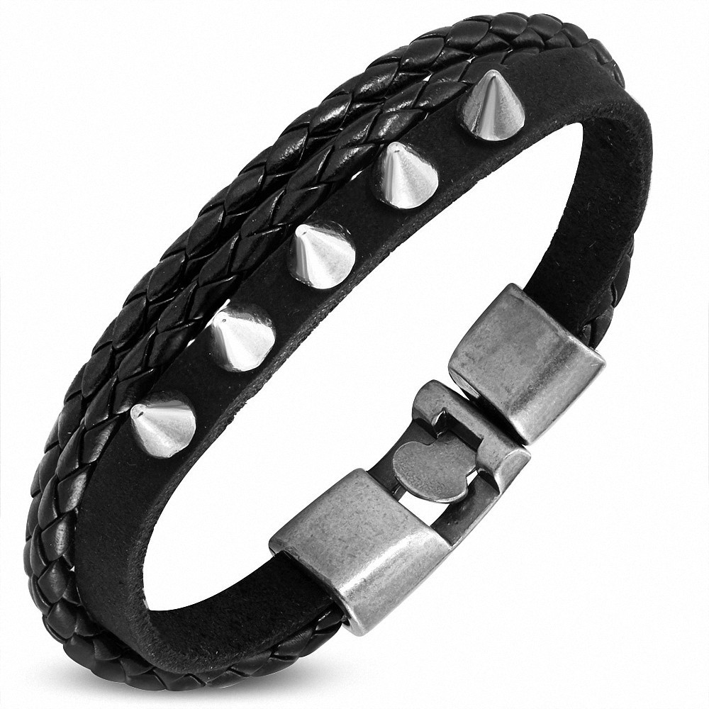 Bracelet à bascule à la mode en cuir PU tressé noir à trois brins en cuir PU