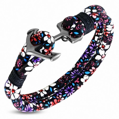 Bracelet en alliage de mode et fleurs colorées en cuir PU avec ancre marine - FBX031