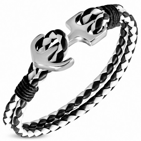 Bracelet en alliage de mode noir et blanc tissé / tressé en cuir avec ancre marine - FBX016