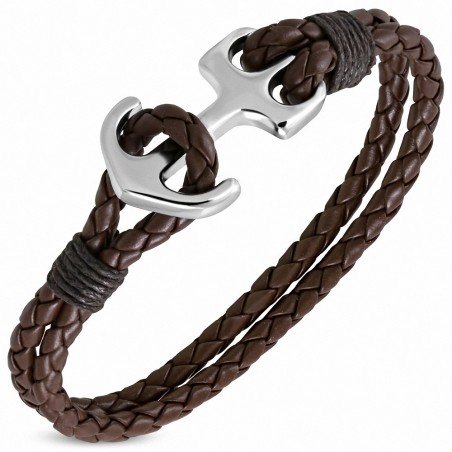 Bracelet en alliage marin à la mode en alliage marin et tressé marron en cuir PU - FBX019