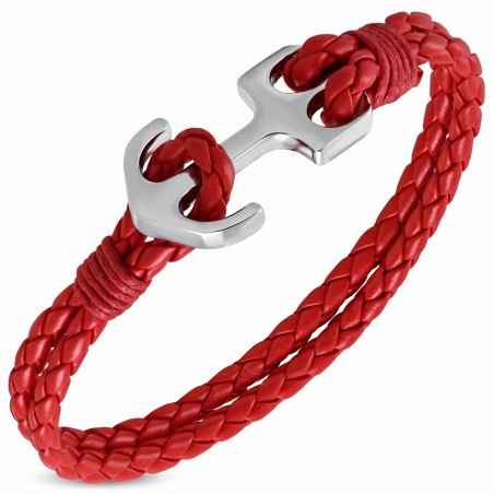 Bracelet alliage à la mode & rouge tissé / tressé en cuir PU avec ancre marine - FBX022