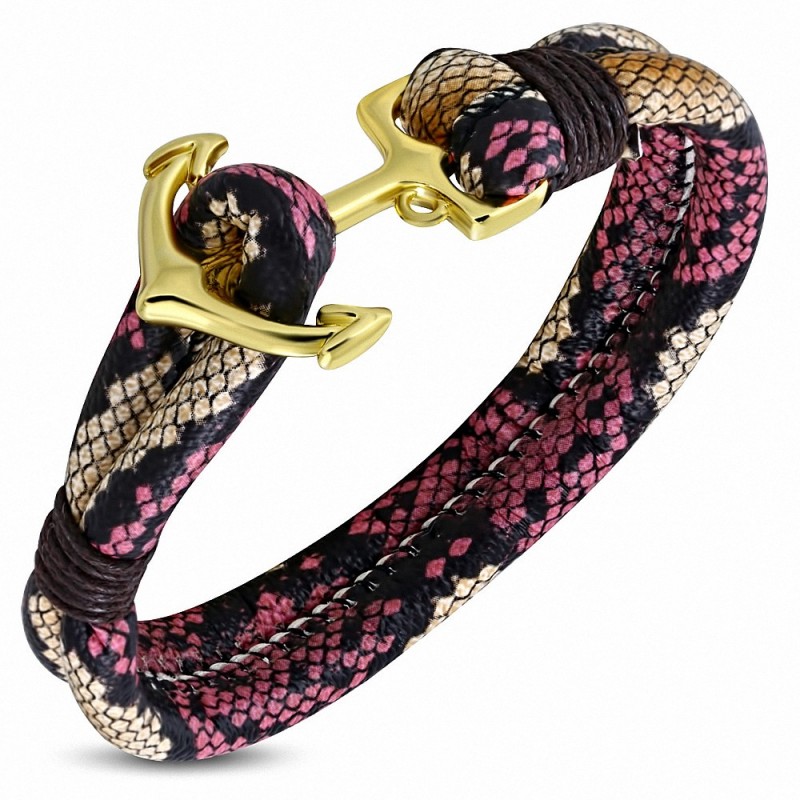 Bracelet en alliage de mode et en cuir PU de couleur unie en cuir doré plaqué d'ancre marine