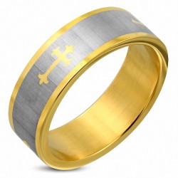 8mm | Bague de mariage plat en acier inoxydable plaqué de couleur 2tone Fleur De Lis Cross De Mariage