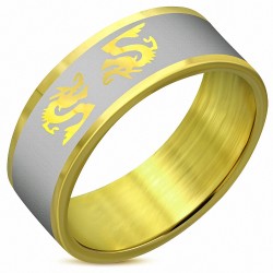 8mm | Bague en bande plate avec deux signes de zodiaque chinois Dragon en acier inoxydable plaqué or