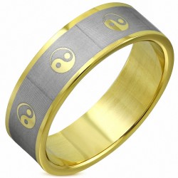 8mm | Bague plate 2 tons YinYang  symbole Tao en acier inoxydable plaqué de couleur d'or