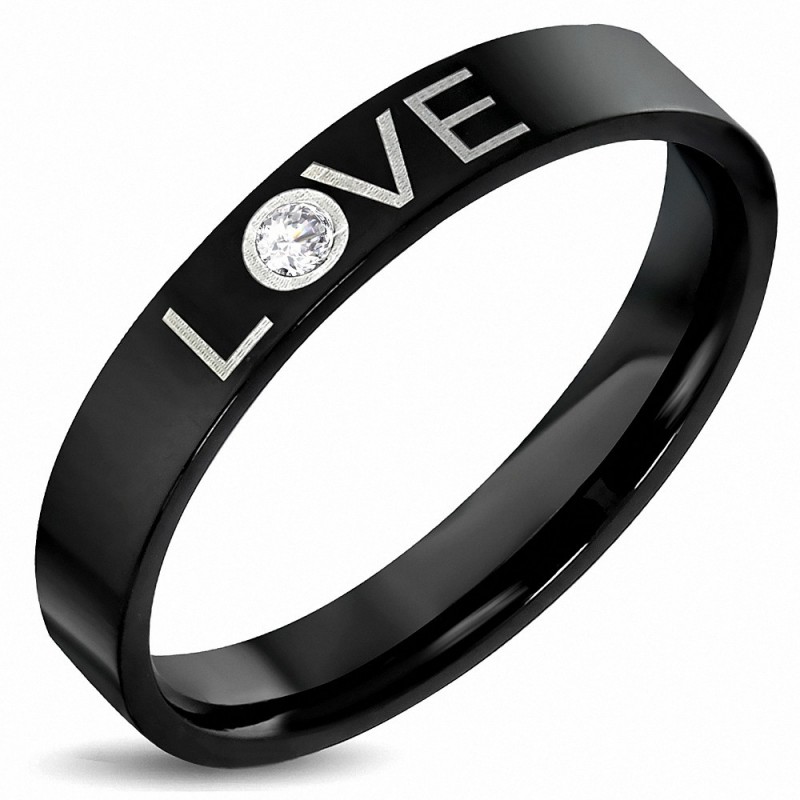 3.5mm | Bague de mariage plate en acier inoxydable noir avec monogramme 2 tons Love Comfort Fit et Clear CZ