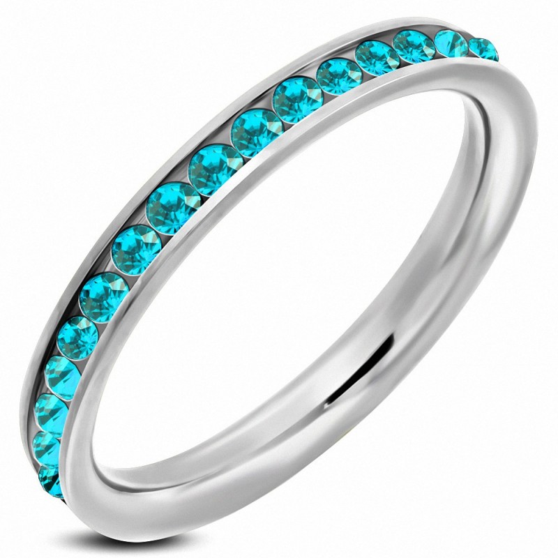 3mm | Bague en acier inoxydable ChannelSet Eternity Comfort Fit avec aigue-marine CZ