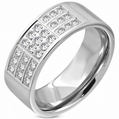 8mm | Bague en bande de mariage en acier inoxydable PaveSet Comfort Fit, coupe confortable, avec zircon clair