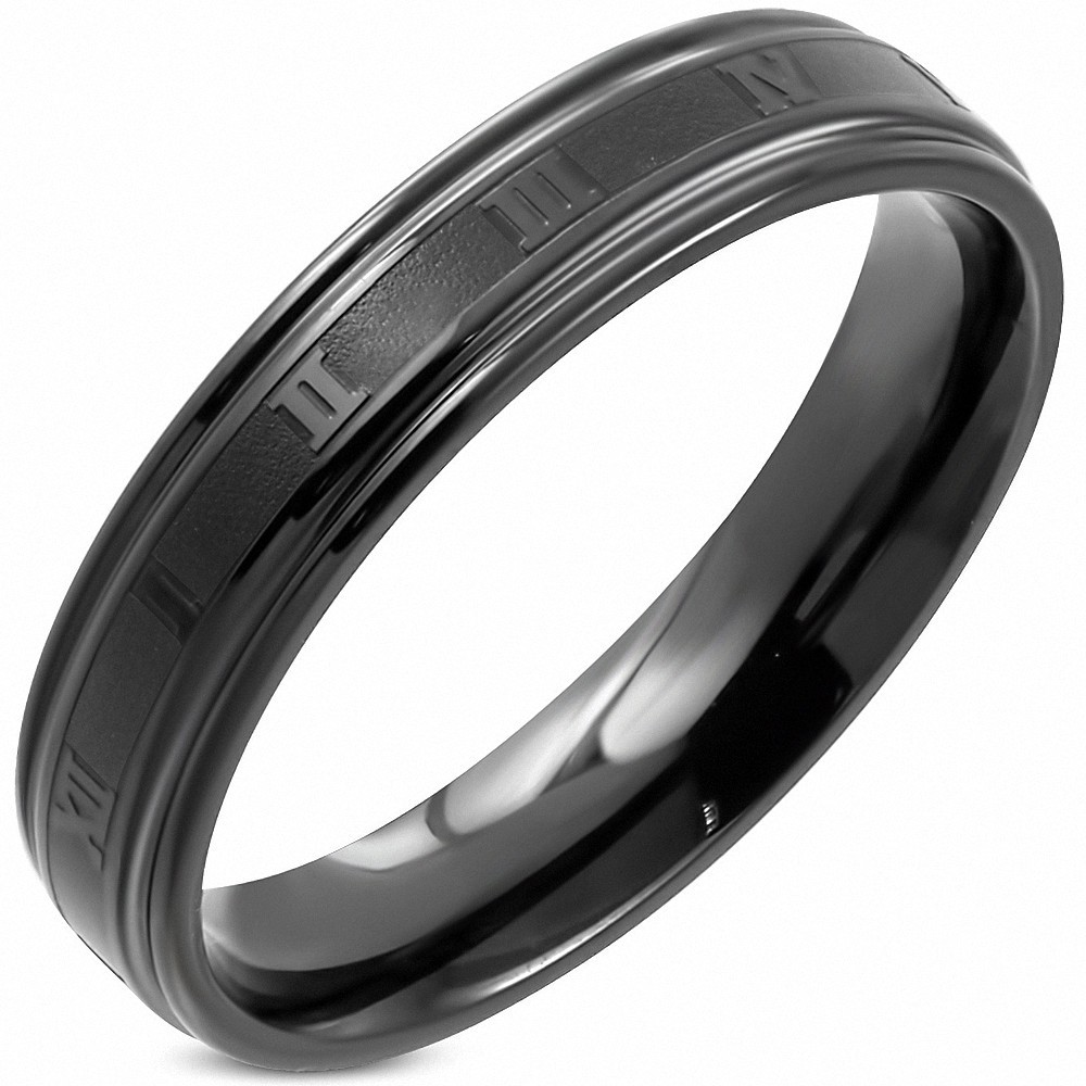 4mm | Bague à ajustement confortable avec chiffres romains en acier inoxydable noir