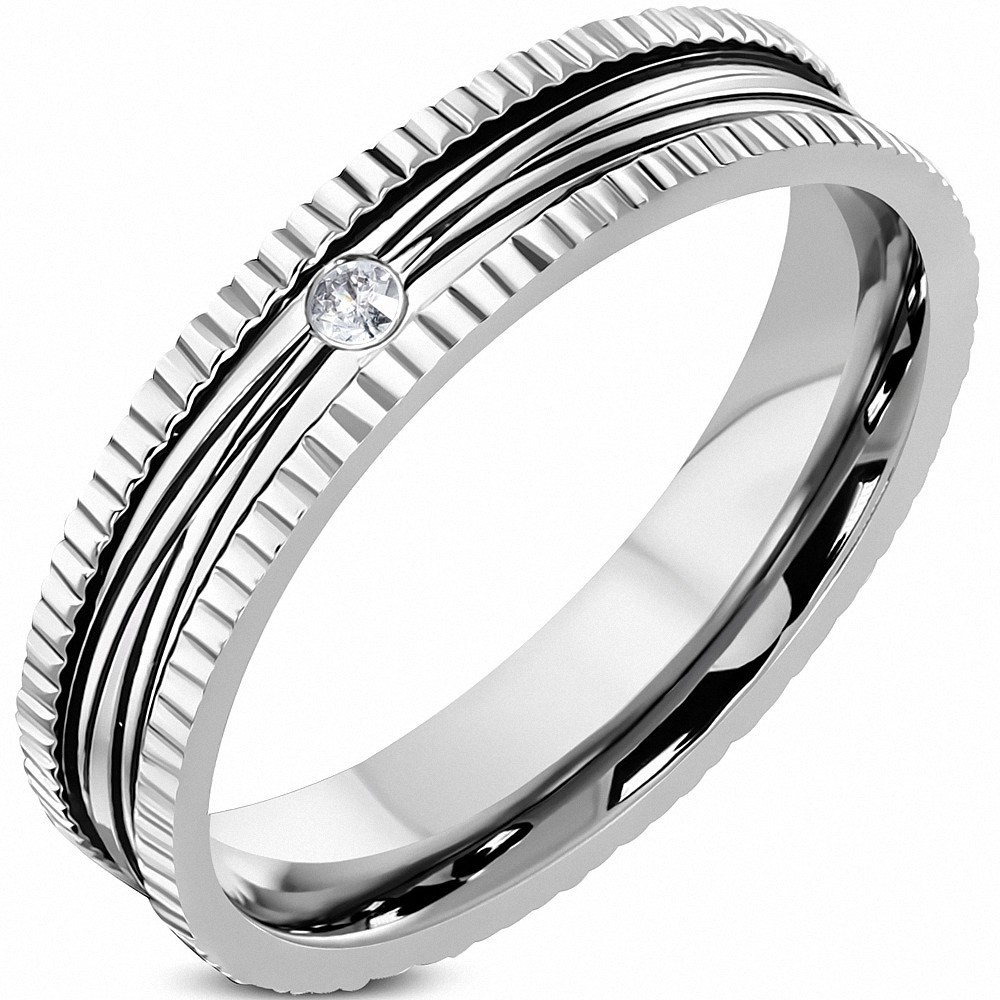 4mm | Bague de mariage en acier inoxydable 2 tons Milgrain Edge Comfort Fit, coupe ajustée, clair